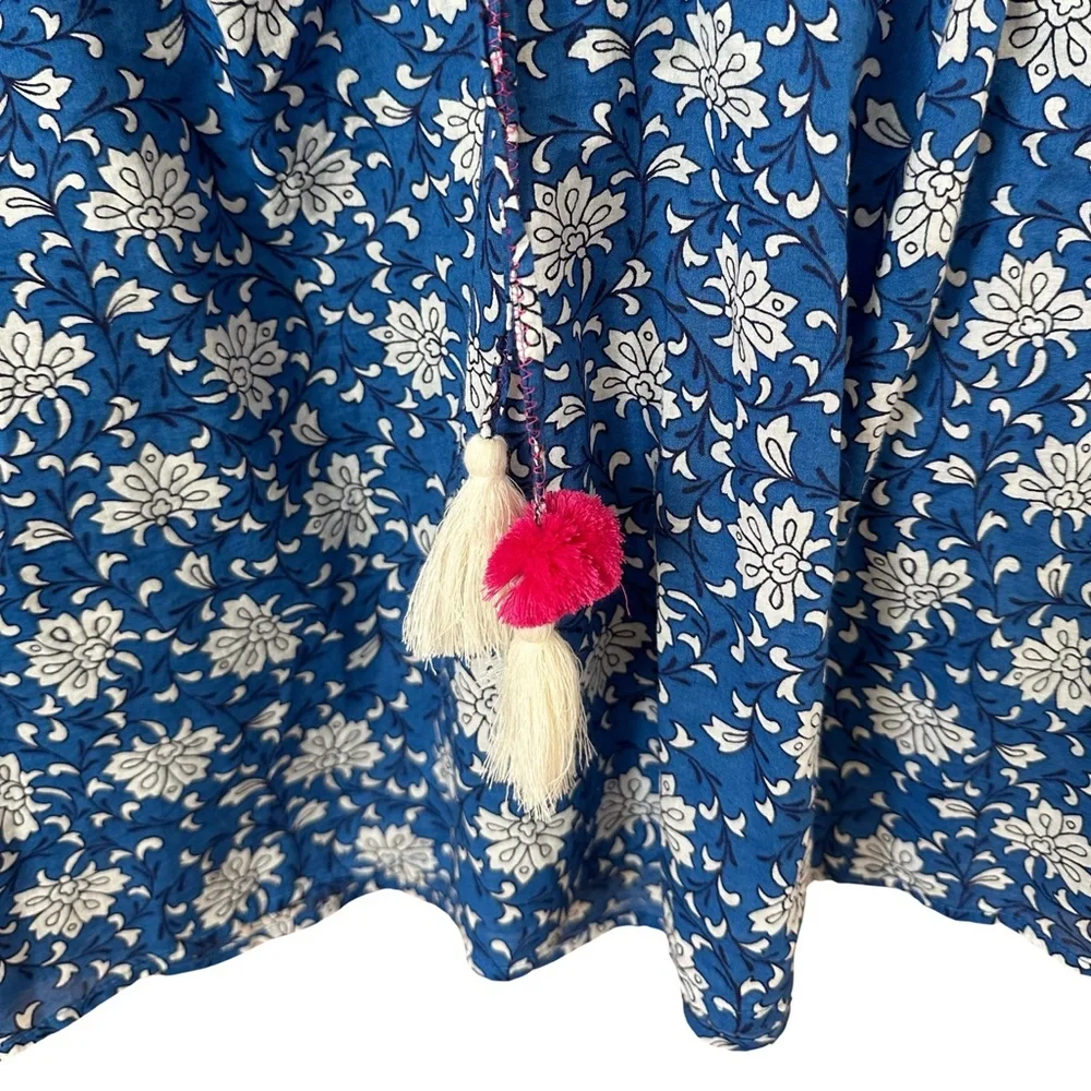 J. Crew Blue/White Cotton Voile Peasant Top with Pink Cross Stitch Embroidery